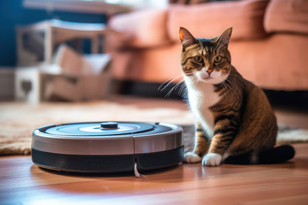 Cat sits on top of a robot vacuum cleaner, cleaning up scraps on the living room floor. Generative AI.の素材