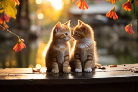 Two kittens sitting looking at the sunset in Japan. Generative AI.の素材