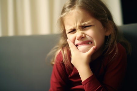 Tooth ache concept holding his cheek with hand, suffering from bad toothache. Generative AI.の素材