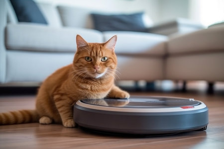 Cat sits on top of a robot vacuum cleaner, cleaning up scraps on the living room floor. Generative AI.の素材