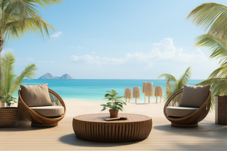 Captivating image of a chic seaside lounge area views for an unforgettable experience. Generative AI.の素材