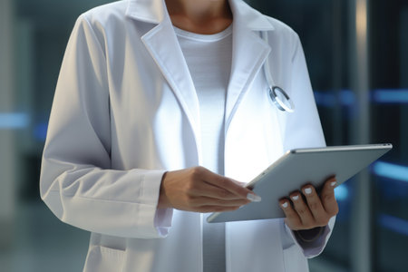 Female doctor in white medical scrub holding tablet in hand. Generative AI.の素材