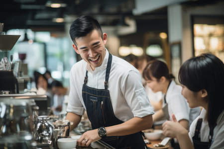 A barista training workshop making skills with expert baristas. Generative AI.の素材