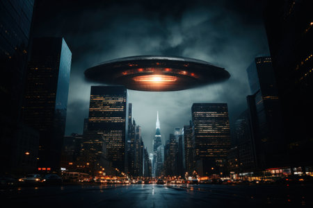 Photograph of a city corporate skyscraper with a UFO on top taken. Generative AI.の素材