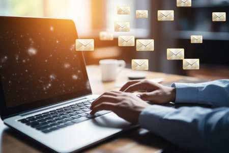 Freelancer's hand using computer laptop and sending online message with email icon. Generative AI.の素材