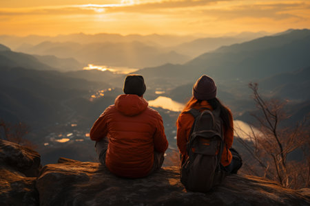 Asian couple in orange trekker outfit sitting on the rock and smile on mountain peak. Generative AI.の素材
