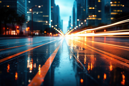 Street scene with blurry traffic, glowing car light dots, minimalist abstracts. Generative AI.の素材