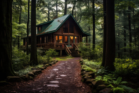 Cozy self contained house in the summer forest. Generative AI.の素材