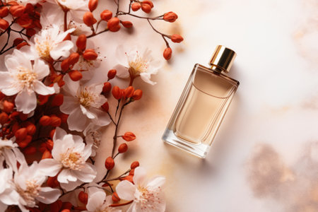 Simple product set of makeup and perfume taken from above, autumn theme. Generative AIの素材