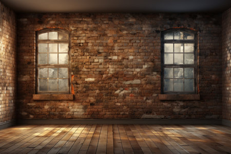 Backdrop of a brick wall with window and door facing outwards. Generative AIの素材