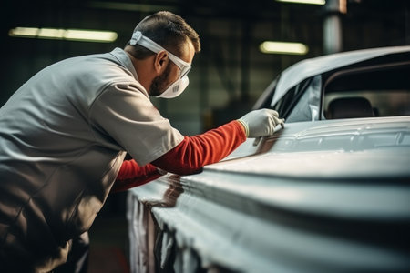 Car body repairs applying plaster on a modern car. Generative AIの素材