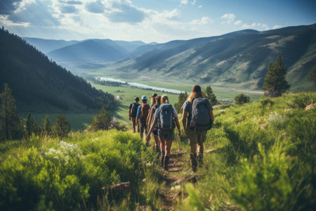 Photo of friends hiking together in the mountains in the vacation trip week. Generative AIの素材