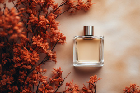 Simple product set of makeup and perfume taken from above, autumn theme. Generative AI.の素材