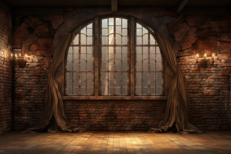 Backdrop of a brick wall with window and door facing outwards. Generative AI.の素材