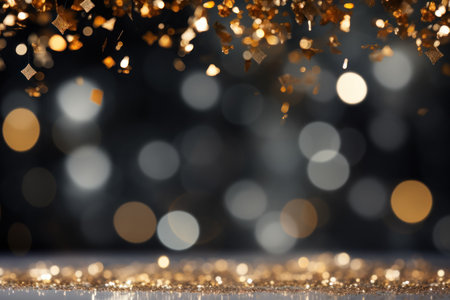 Dark grey background gold sparkles, gold glitter, gold bokeh in foreground. Generative AI.の素材