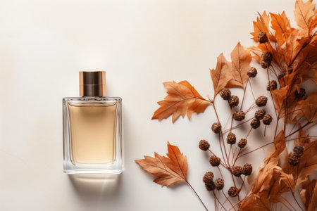 Simple product set of makeup and perfume taken from above, autumn theme. Generative AI.の素材