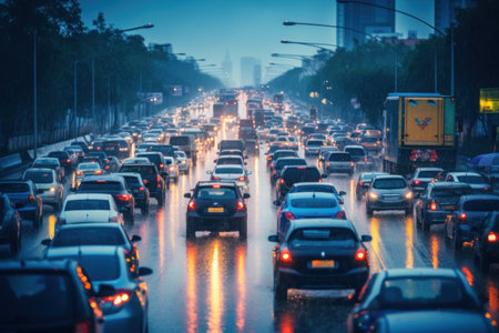 Stressful moment during a traffic jam and raining. Generative AI.の素材