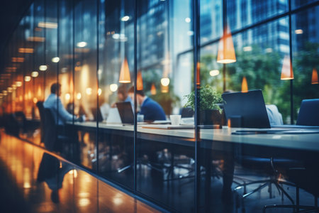 Business office with people with blurred bokeh background, with glass partitions. Generative AI.の素材
