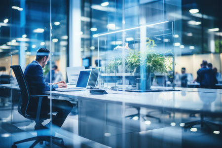 Business office with people with blurred bokeh background, with glass partitions. Generative AI.の素材