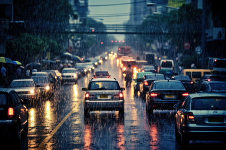 Stressful moment during a traffic jam and raining. Generative AI.の素材