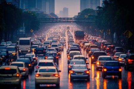 Stressful moment during a traffic jam and raining. Generative AI.の素材