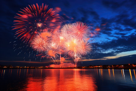 Vibrant new years banner with fireworks and cheering crowd. Generative AI.の素材