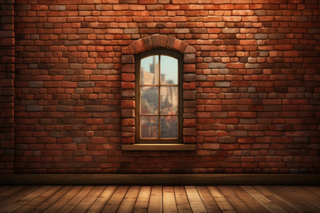 Backdrop of a brick wall with window and door facing outwards. Generative AI.の素材