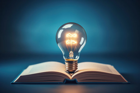 Book cover with a light bulb, realistic and modern. Generative AI.の素材