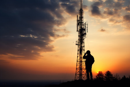 Silhouette of communication tower against twilight sky with person testing signal. Generative AI.の素材