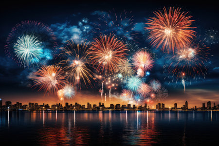 Vibrant new years banner with fireworks and cheering crowd. Generative AI.の素材
