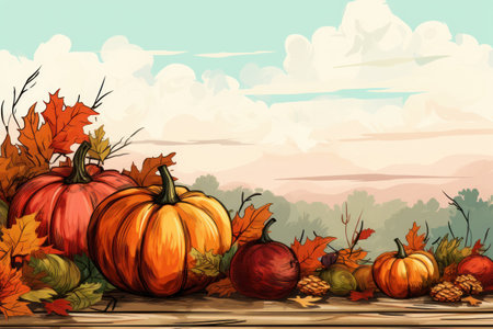Happy Thanksgiving card with autumn leaves background. Generative AI.の素材