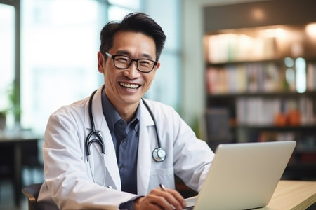 A middle age doctor writing on his laptop, looking at his laptop,background blur. Generative AI.の素材