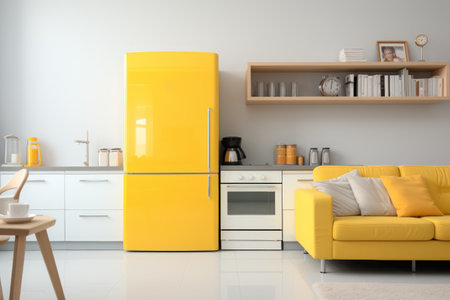 Interior of kitchen with yellow fridge, counters, sofa and shelving unit. Generative AI.の素材