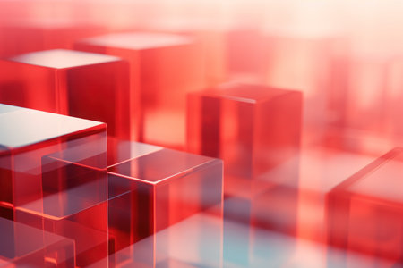 Many glass cubes are stacked on top of each other red abstract blurred kubism. Generative AI.の素材