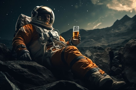Astronaut with beer on another planet. The concept of unlimited relaxation. Generative AIの素材