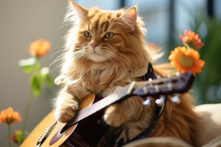 cat playing acoustic guitar siting in a chair, recording, perspective angle. Generative AIの素材
