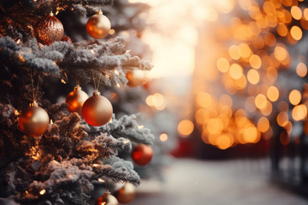 Christmas winter blurred background. Xmas tree with snow. Generative AI.の素材