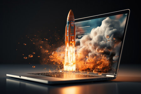 Launching Space Rocket From Laptop Screen. Generative AI.の素材