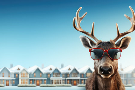 A funny reindeer with sunglass christmas greeting card template. Generative AI.の素材
