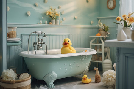 Kids bathroom in pastel colors wallpapers with ducks. Generative AI.の素材