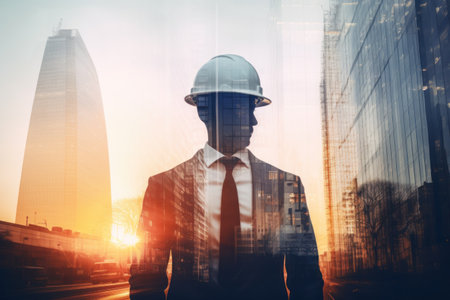 Double exposure photography of an engineer and the sightly skyscraper. Generative AI.の素材
