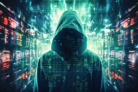 Double exposure hacker and the server room. Generative AI.の素材