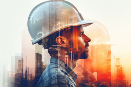 Double exposure photography of an engineer and the sightly skyscraper. Generative AI.の素材