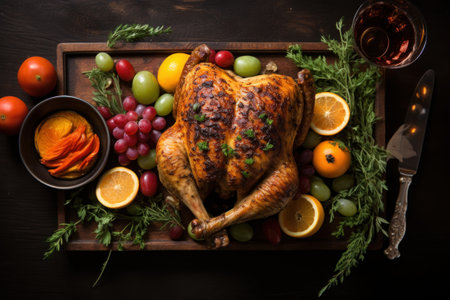 Hyper Realistic super detailed macro shot, delicious Turkey on a table, nicely decorated, in a garden, Thanksgiving, minimalist.の素材