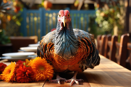 Turkeys for Thanksgiving on a wood table . Generative AI.の素材