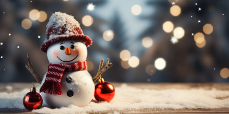 Snowman with a Santa hat,close up,empty space. Generative AI.の素材