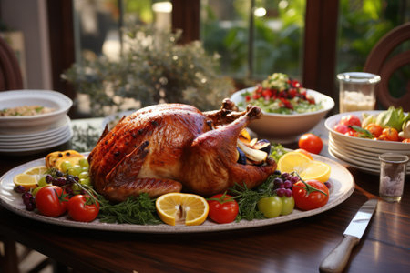 Hyper Realistic super detailed macro shot, delicious Turkey on a table, nicely decorated, in a garden, Thanksgiving, minimalist.の素材