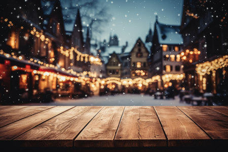 Wooden table, empty space with illuminated Christmas town square in vintage style. Generative AI.の素材