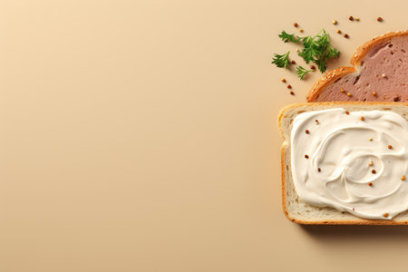 Copy space background bread slice and sausage mayonnaise topping. Generative AI.の素材