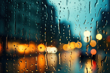 Image of a night street full of rain on a window, water drops. Generative AI.の素材